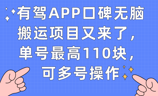 有驾APP口碑无脑搬运项目又来了,单号最高110块,可多号操作-烽云网