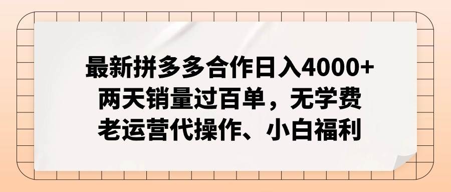 最新拼多多合作日入4000+两天销量过百单，无学费、老运营代操作、小白福利-烽云网