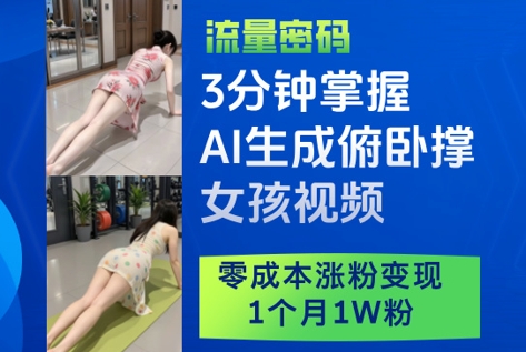 3分钟掌握AI生成俯卧撑女孩视频,零成本涨粉变现,1个月1W粉-烽云网