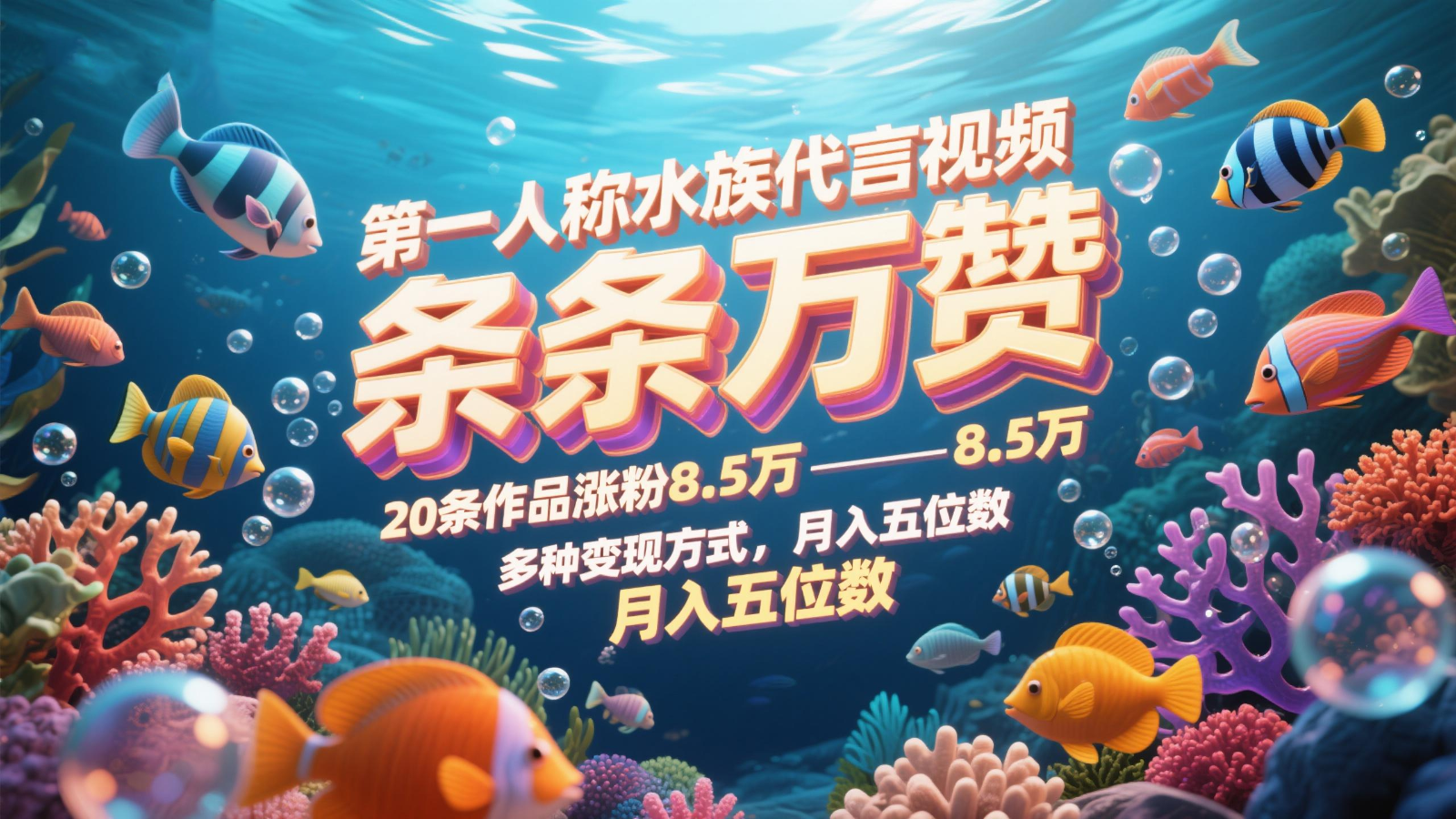第一人称水族代言视频,条条万赞,20条作品涨粉8.5万,多种变现方式月,入五位数-烽云网